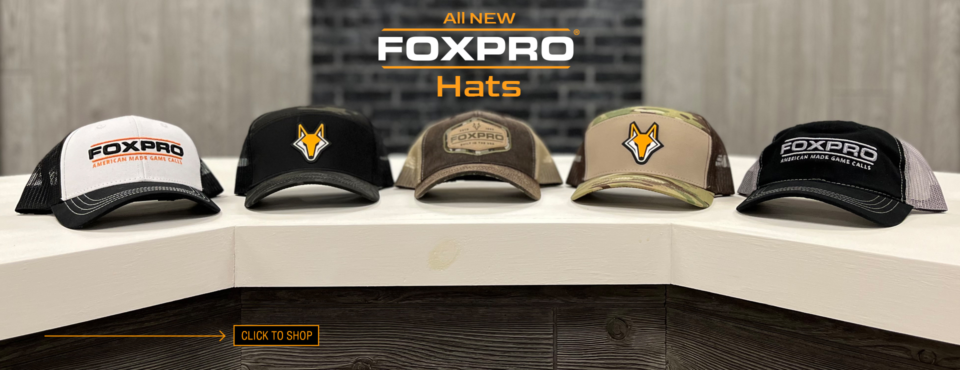 New FOXPRO hats now available. There are five hats featured, sitting on top of a counter top.